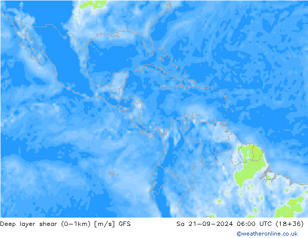 Deep layer shear (0-1km) GFS sáb 21.09.2024 06 UTC