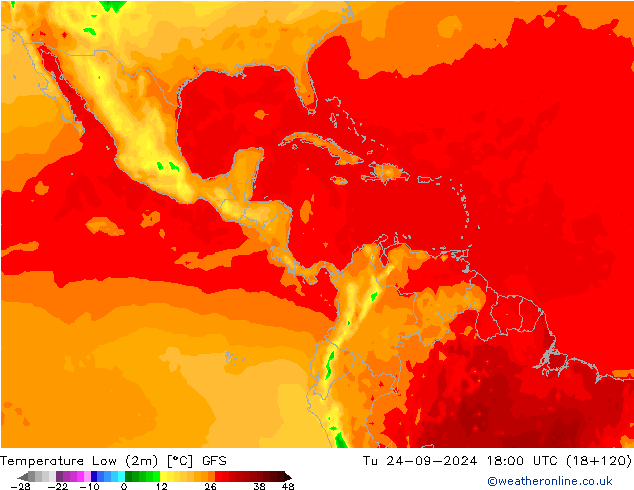 Min.temperatuur (2m) GFS di 24.09.2024 18 UTC