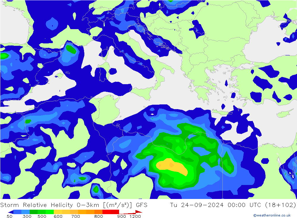 Storm Relative Helicity GFS Út 24.09.2024 00 UTC