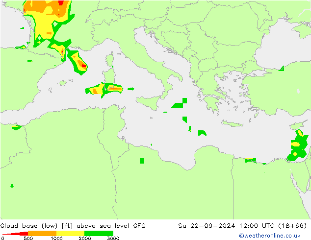 Cloud base (low) GFS Su 22.09.2024 12 UTC