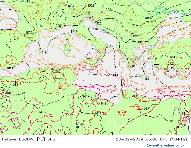 Theta-e 850гПа GFS пт 20.09.2024 06 UTC