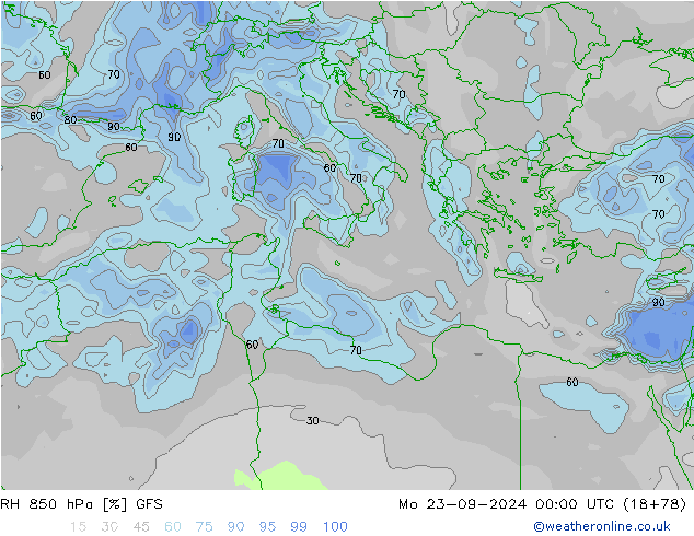 RH 850 hPa GFS lun 23.09.2024 00 UTC