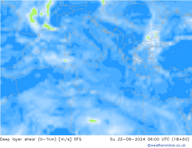 Deep layer shear (0-1km) GFS Su 22.09.2024 06 UTC