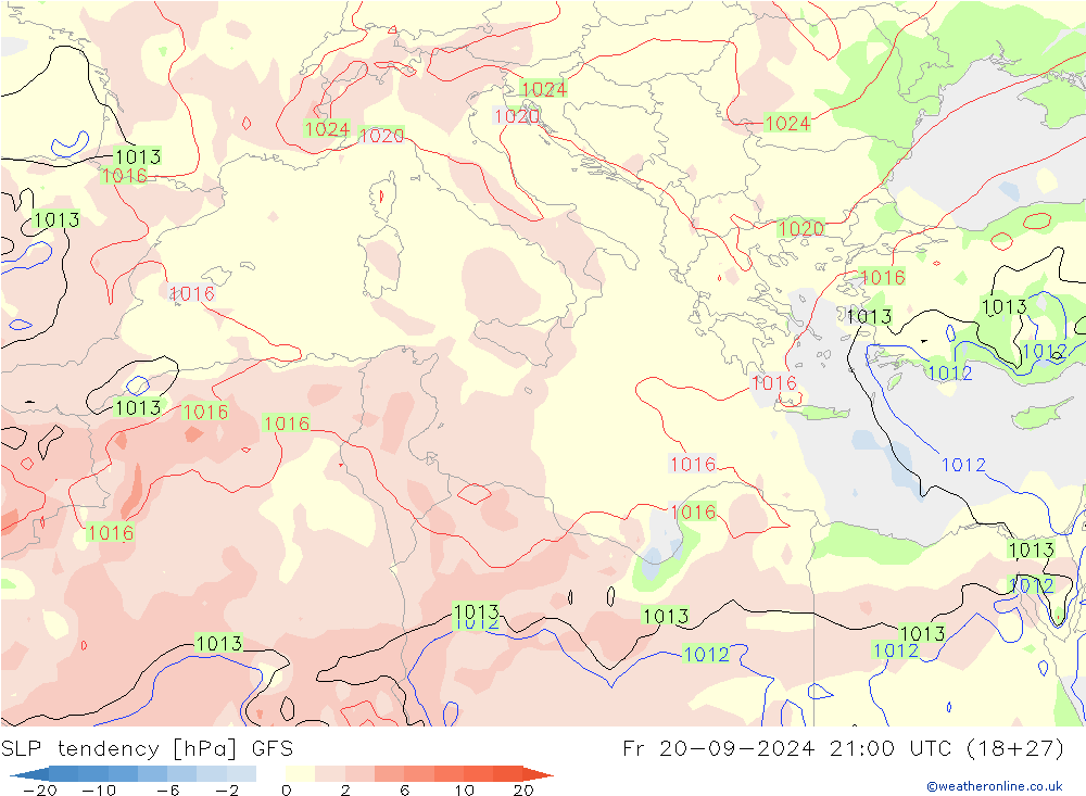 SLP tendency GFS Fr 20.09.2024 21 UTC