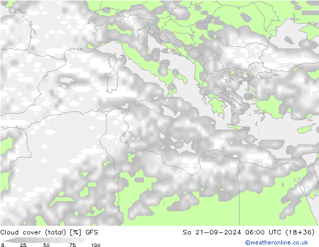 Nuages (total) GFS sam 21.09.2024 06 UTC