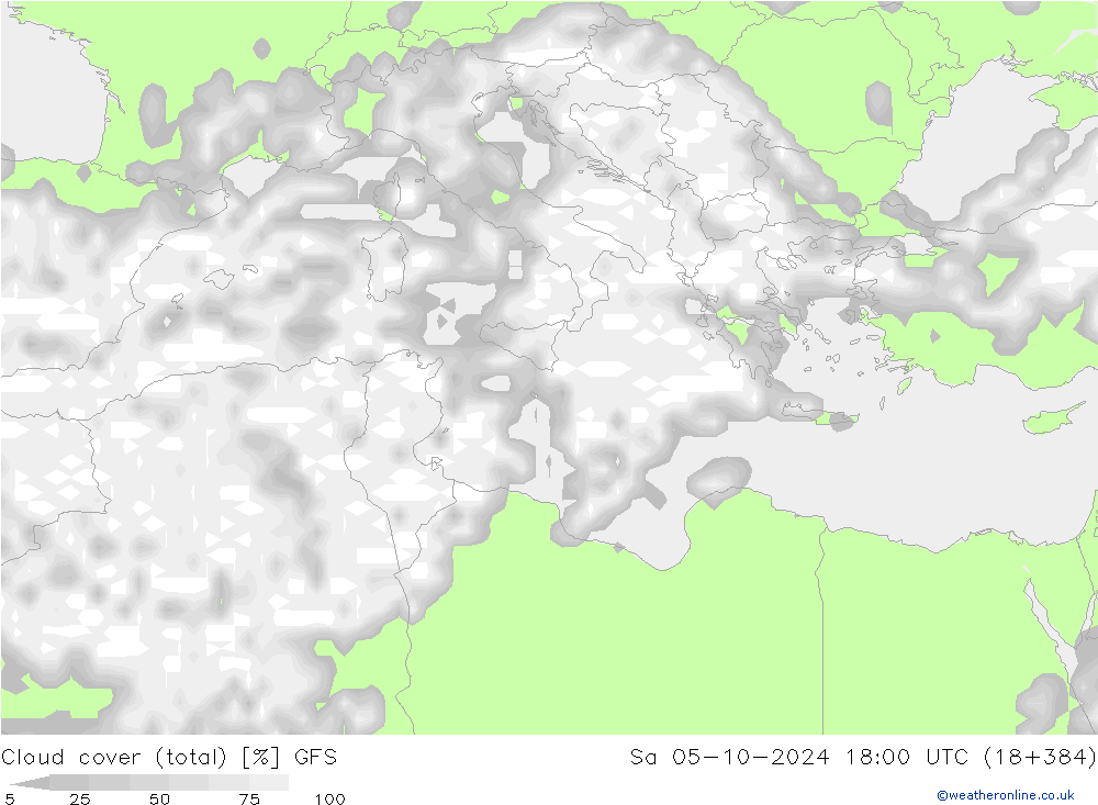 Nubi (totali) GFS sab 05.10.2024 18 UTC