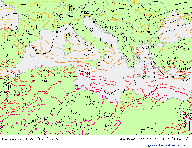 Theta-e 700hPa GFS do 19.09.2024 21 UTC