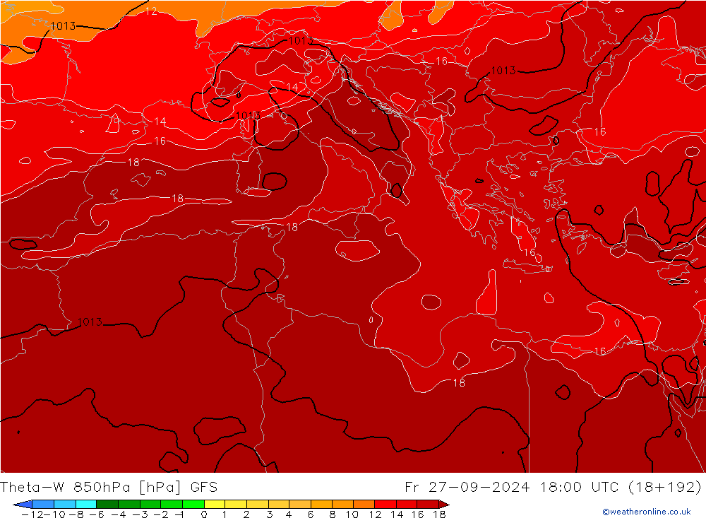 Theta-W 850hPa GFS vie 27.09.2024 18 UTC