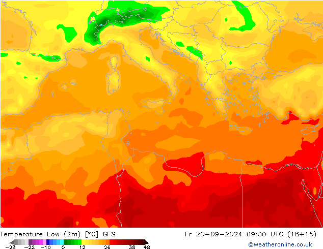 Temperature Low (2m) GFS Fr 20.09.2024 09 UTC