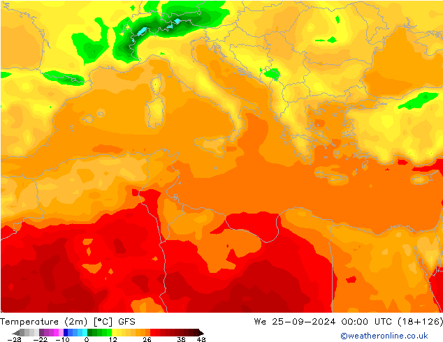 Temperatuurkaart (2m) GFS wo 25.09.2024 00 UTC