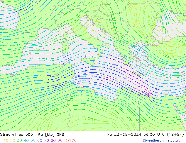 Linea di flusso 300 hPa GFS lun 23.09.2024 06 UTC