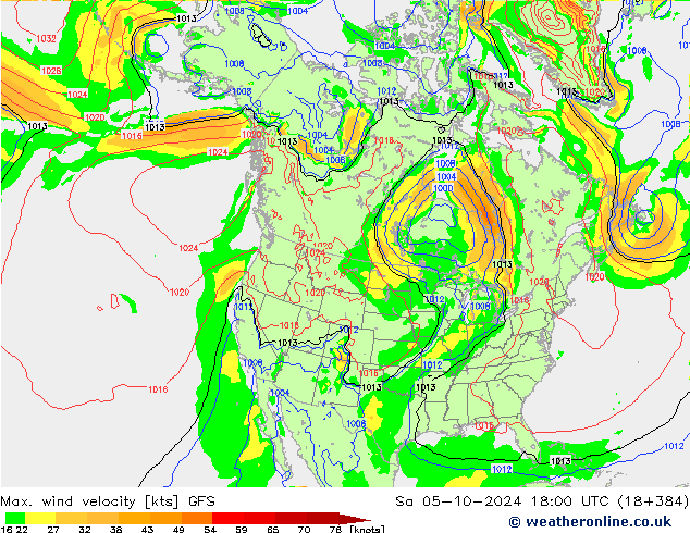 Max. wind velocity GFS сб 05.10.2024 18 UTC