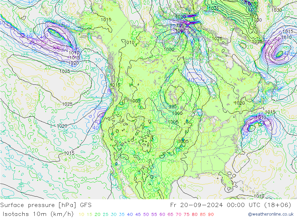 Eşrüzgar Hızları (km/sa) GFS Cu 20.09.2024 00 UTC