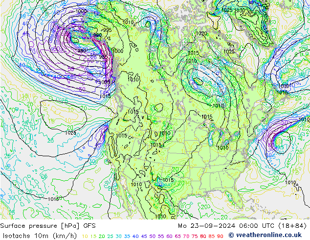 Isotachs (kph) GFS Mo 23.09.2024 06 UTC