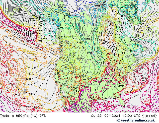 Theta-e 850hPa GFS dim 22.09.2024 12 UTC