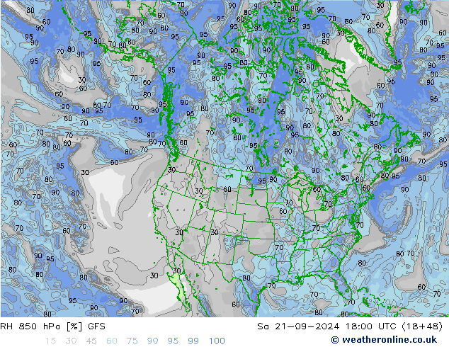 RH 850 hPa GFS Sa 21.09.2024 18 UTC