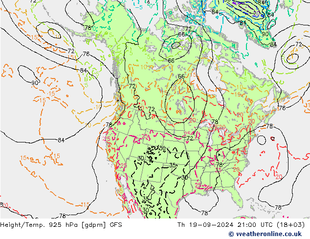 Hoogte/Temp. 925 hPa GFS do 19.09.2024 21 UTC