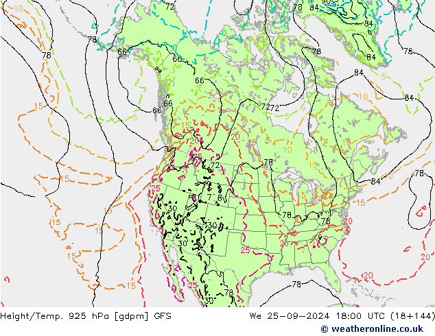 Height/Temp. 925 hPa GFS  25.09.2024 18 UTC