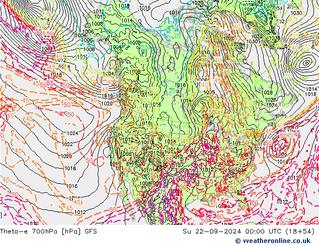 Theta-e 700hPa GFS Su 22.09.2024 00 UTC