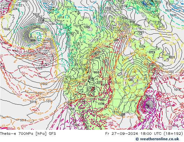 Theta-e 700hPa GFS Fr 27.09.2024 18 UTC