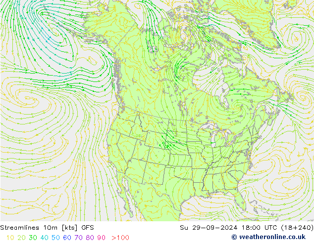 Streamlines 10m GFS Su 29.09.2024 18 UTC