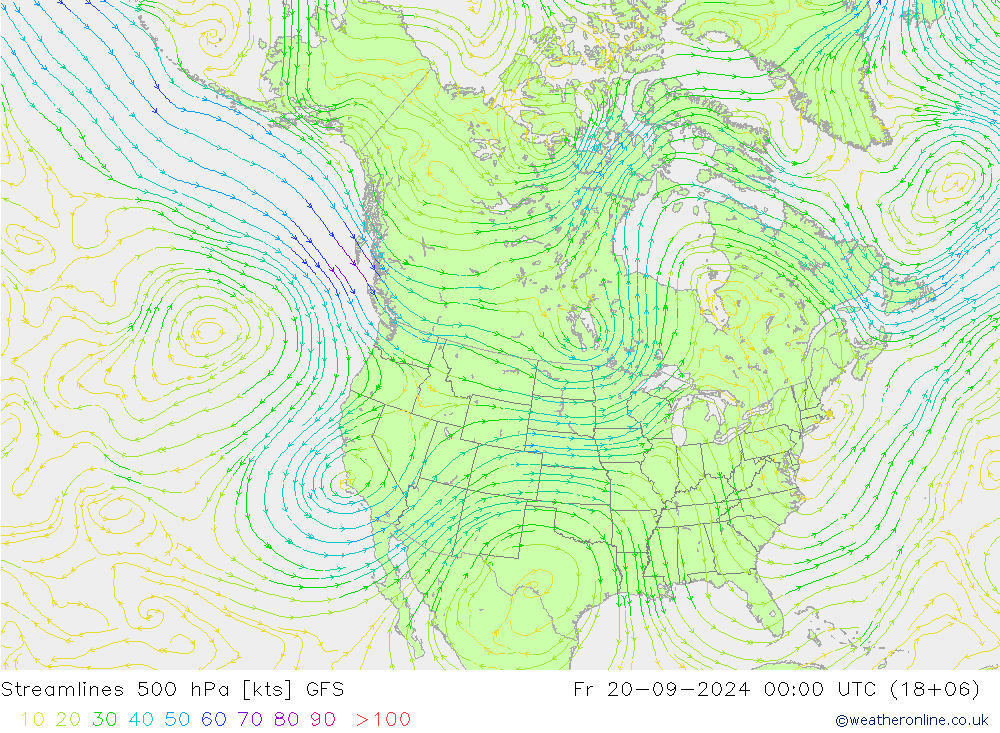 Linea di flusso 500 hPa GFS ven 20.09.2024 00 UTC