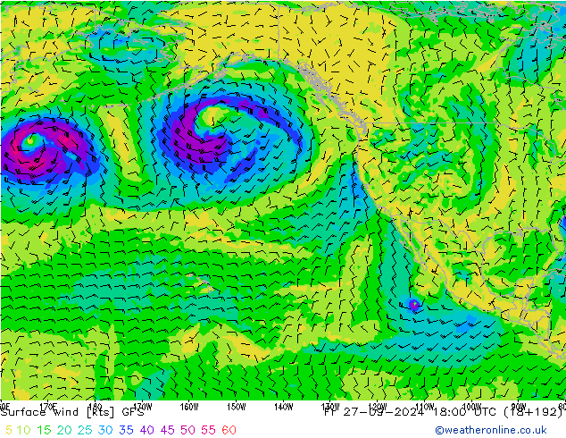 Rüzgar 10 m GFS Cu 27.09.2024 18 UTC