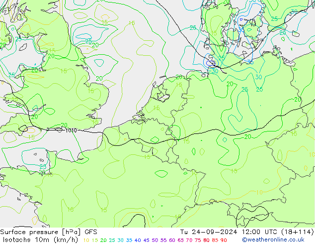 Isotachs (kph) GFS вт 24.09.2024 12 UTC