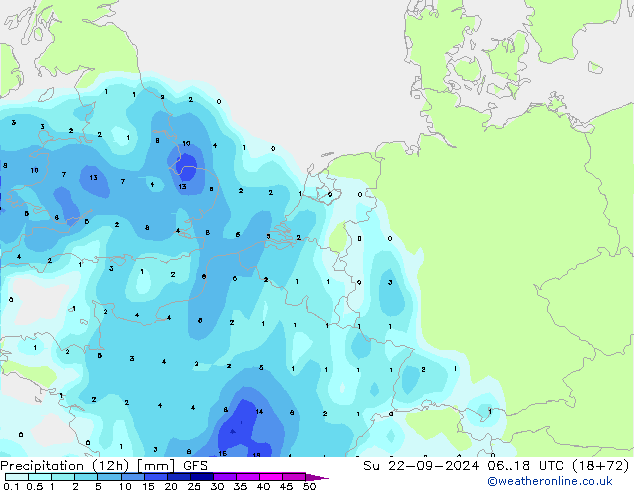 Totale neerslag (12h) GFS zo 22.09.2024 18 UTC