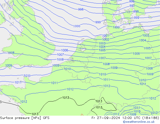 Presión superficial GFS vie 27.09.2024 12 UTC