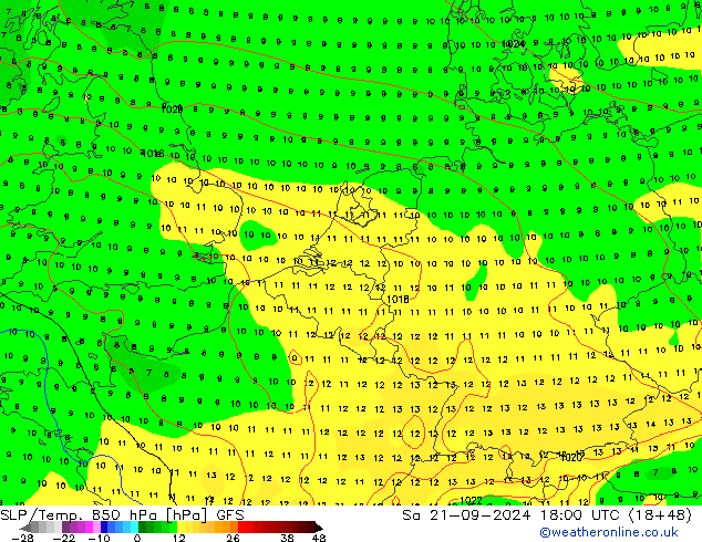 850 hPa Yer Bas./Sıc GFS Cts 21.09.2024 18 UTC