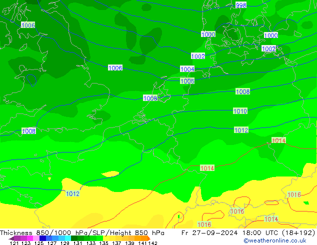 Dikte 850-1000 hPa GFS vr 27.09.2024 18 UTC