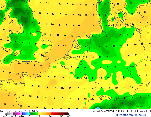 Temp. gruntu GFS so. 28.09.2024 18 UTC