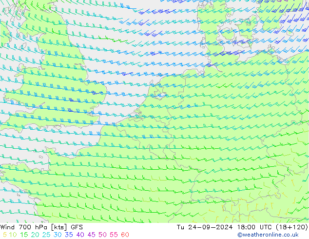 Wind 700 hPa GFS Tu 24.09.2024 18 UTC