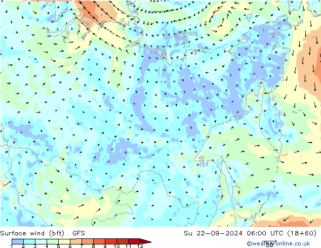 Surface wind (bft) GFS Ne 22.09.2024 06 UTC