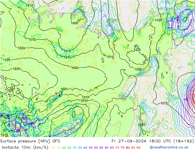 Isotachs (kph) GFS пт 27.09.2024 18 UTC