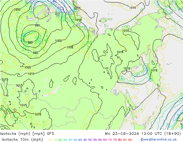 Izotacha (mph) GFS pon. 23.09.2024 12 UTC