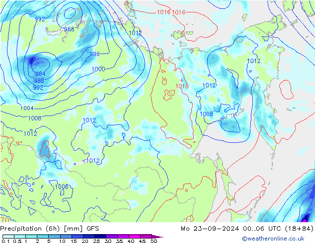 Precipitation (6h) GFS Po 23.09.2024 06 UTC