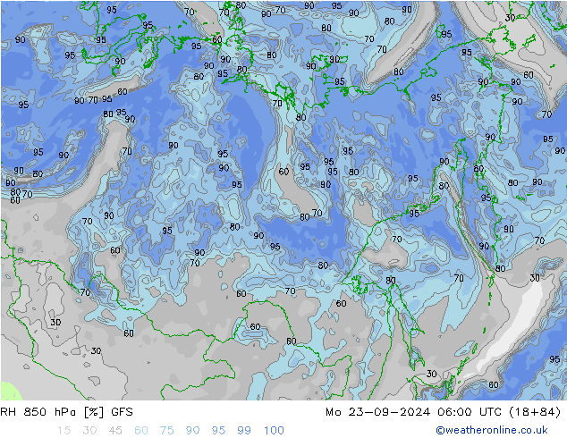 RH 850 hPa GFS Mo 23.09.2024 06 UTC