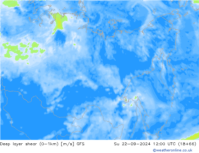 Deep layer shear (0-1km) GFS nie. 22.09.2024 12 UTC