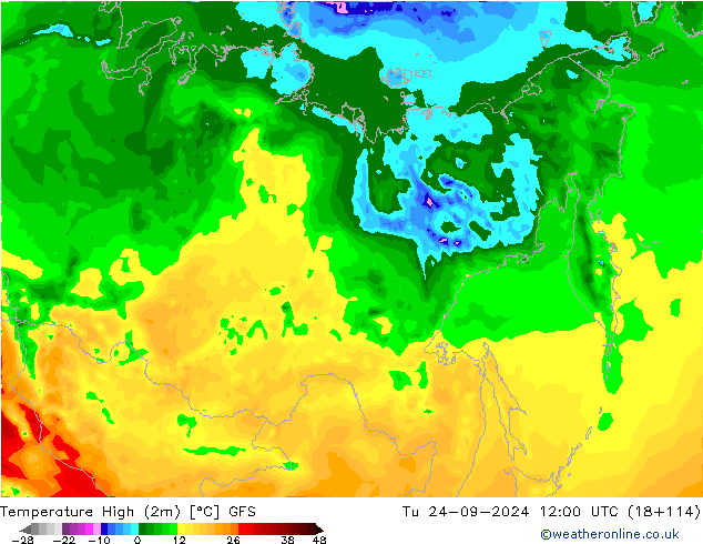 température 2m max GFS mar 24.09.2024 12 UTC