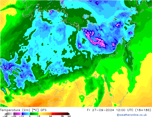 Temperatuurkaart (2m) GFS vr 27.09.2024 12 UTC