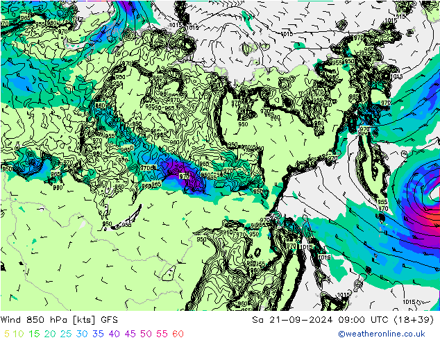 Wind 850 hPa GFS So 21.09.2024 09 UTC