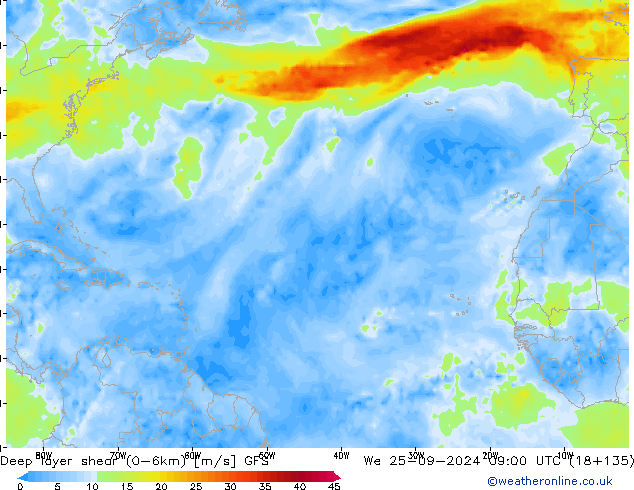 Deep layer shear (0-6km) GFS We 25.09.2024 09 UTC