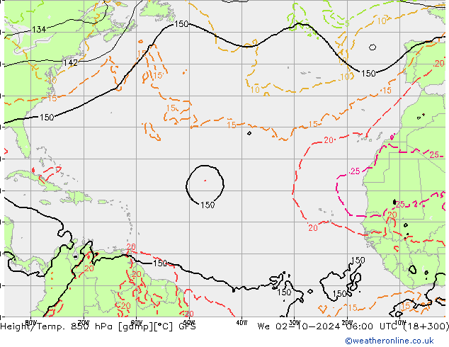 Height/Temp. 850 hPa GFS śro. 02.10.2024 06 UTC