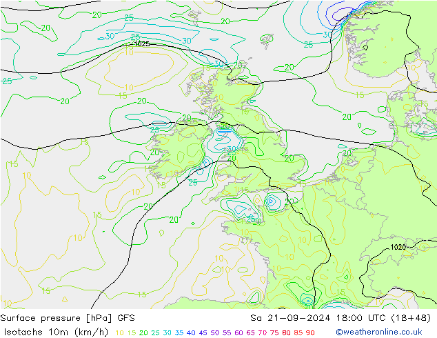 Izotacha (km/godz) GFS so. 21.09.2024 18 UTC