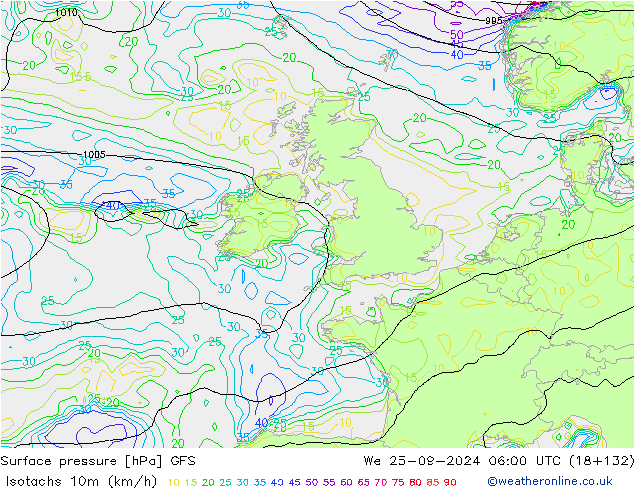 Isotaca (kph) GFS mié 25.09.2024 06 UTC