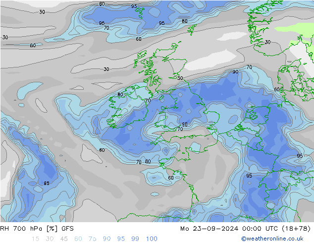 RH 700 hPa GFS Po 23.09.2024 00 UTC