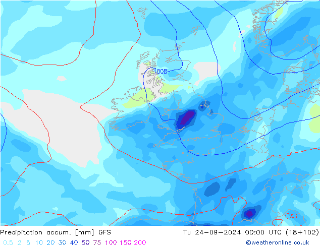 Precipitation accum. GFS вт 24.09.2024 00 UTC