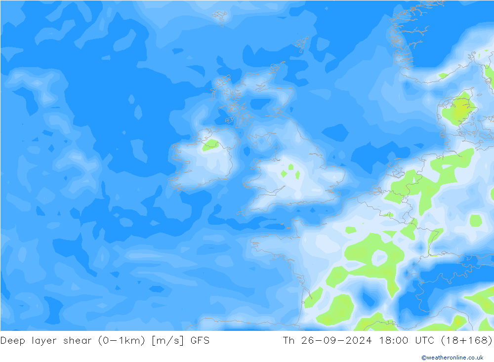 Deep layer shear (0-1km) GFS Čt 26.09.2024 18 UTC